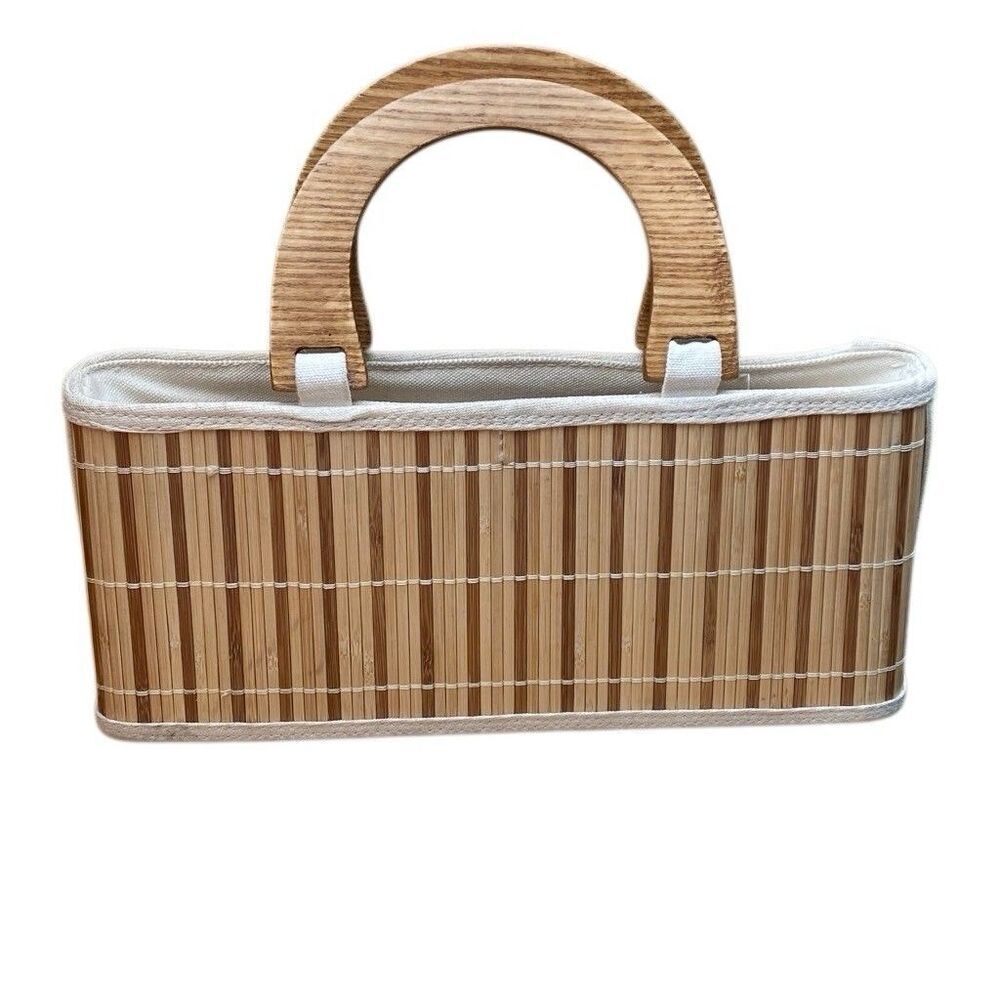 Bamboo Wood Slat Lined Purse, Handbag With Wood Handles Rectangle 13x6x4